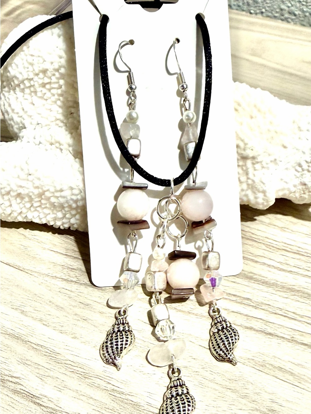 82. Handcrafted morganite Bead Pendant Necklace & Earring set with shells
